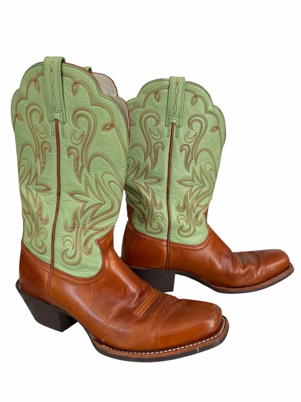 Ariat Woman’s Green Brown Leather Square Toe Western Cowboy Boots Size 7